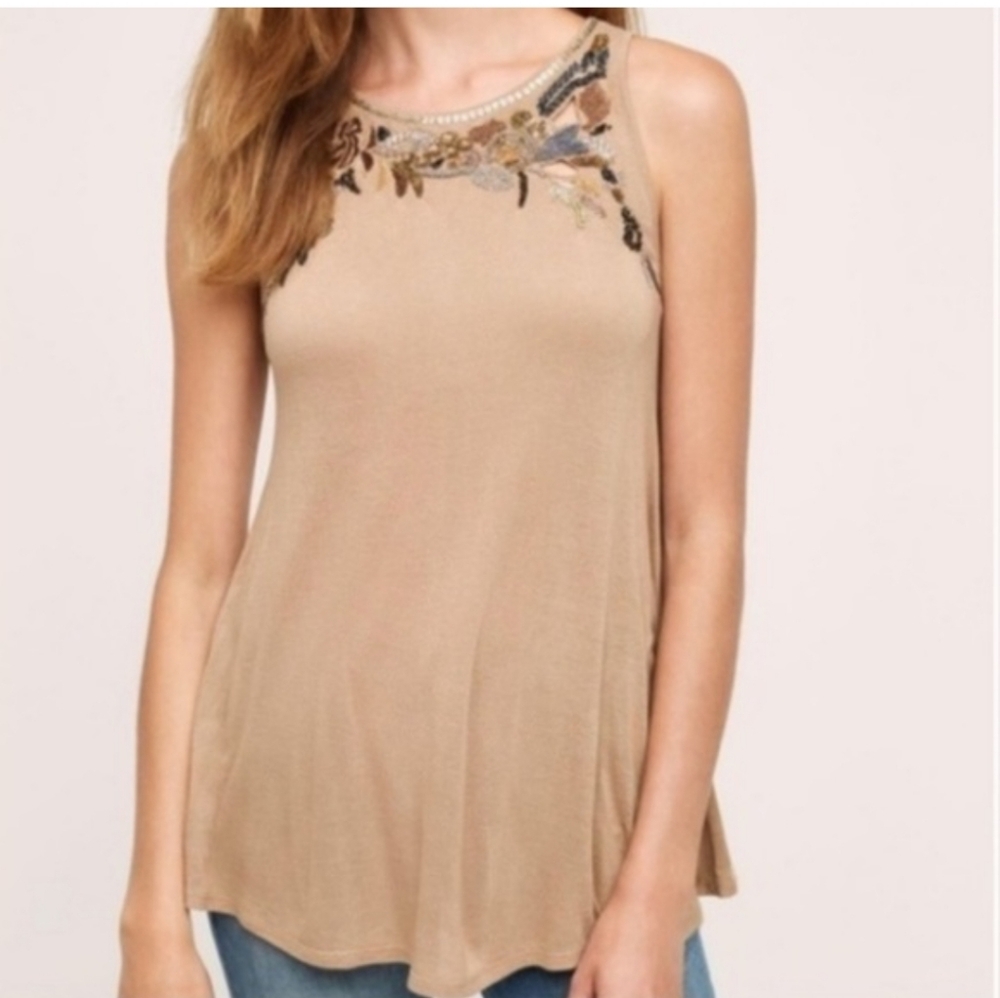 Anthropologie Akemi + Kin  Sequin Bead Embroidery Trim Tank Tan Leaf Design XS